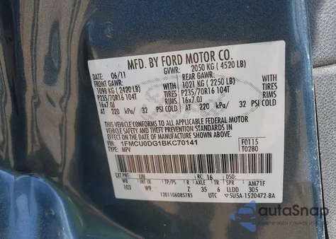 2011 Ford Escape Xlt z USA, uszkodzony, nr VIN 1FMCU0DG1BKC70141